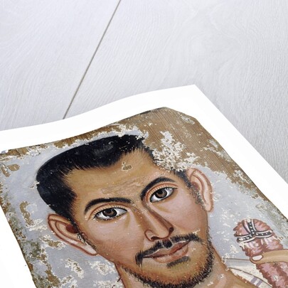 Fayum portrait of a man holding a small glass vessel and garland by Anonymous