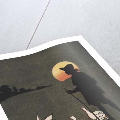 Boy hearding geese at sunset by Anonymous