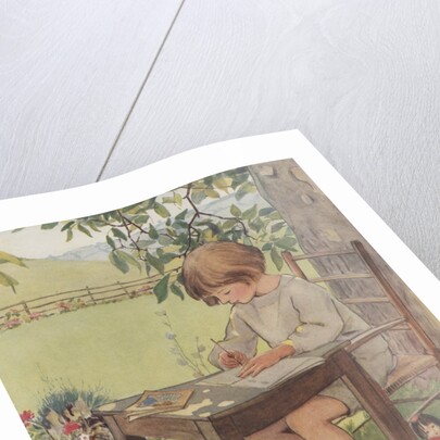 Child writing outdoors by Anonymous