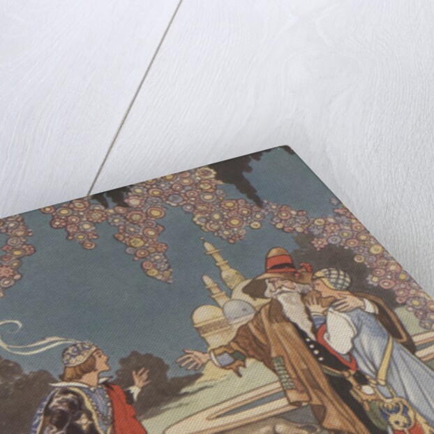 Princess with two men near fountain by Anonymous