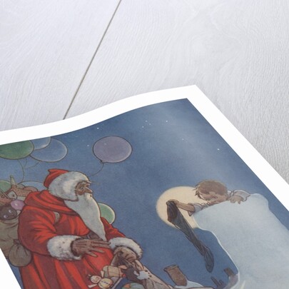 Little boy holding out Chrimas stocking to Santa Claus by Anonymous