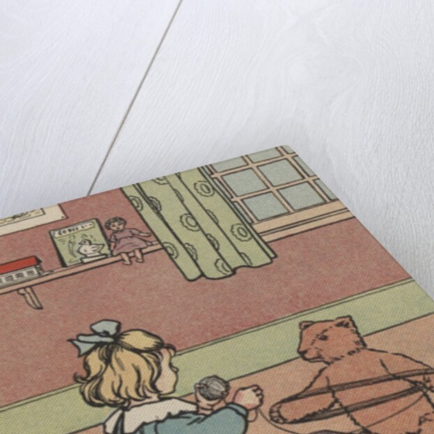 Girl winding yarn with teddy bear by Anonymous