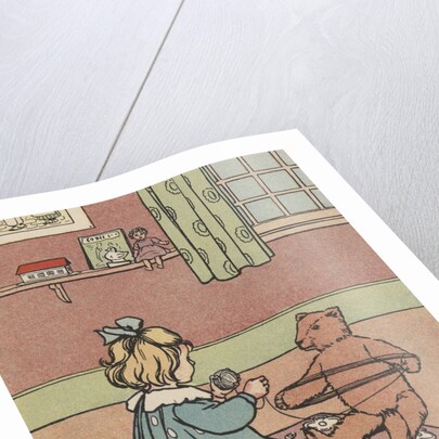 Girl winding yarn with teddy bear by Anonymous
