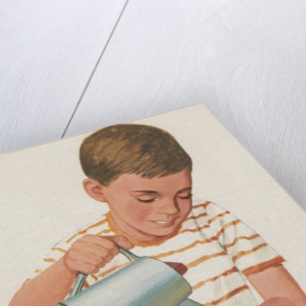 Boy watering plants by Anonymous