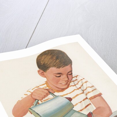 Boy watering plants by Anonymous