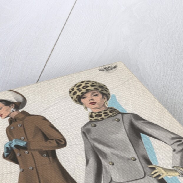 Model wearing leopard skin hat and suit with fur trim by Anonymous