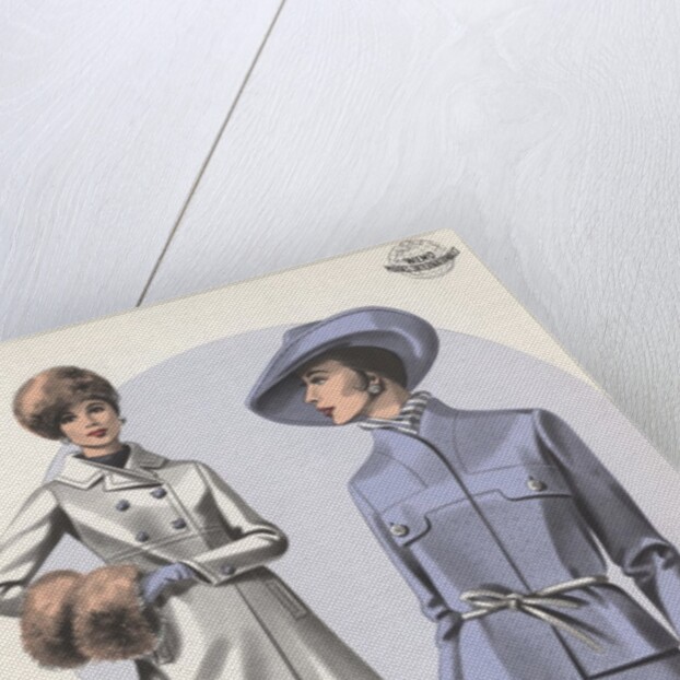 Models wearing coat and belted suit by Anonymous