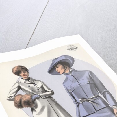 Models wearing coat and belted suit by Anonymous