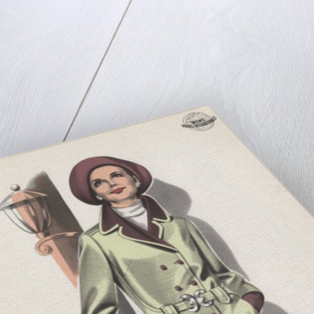 Model wearing belted suit by Anonymous