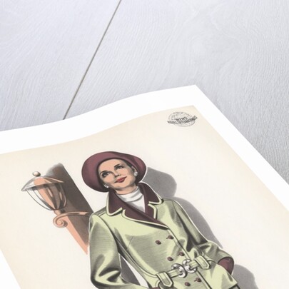 Model wearing belted suit by Anonymous