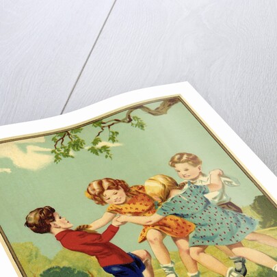 Czech English cotton label with children playing Ring-o-Roses by Anonymous