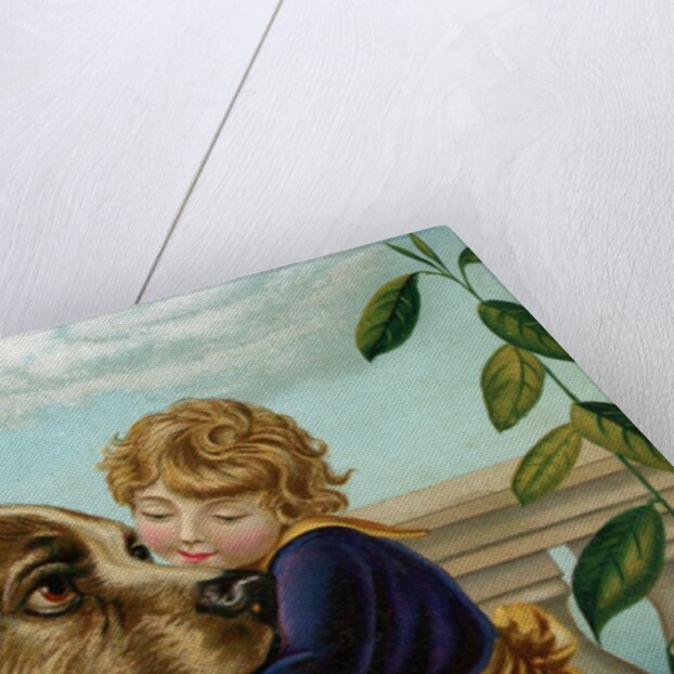 Boy hugging large dog by Anonymous