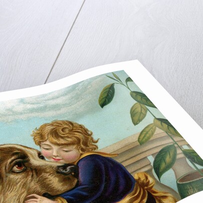 Boy hugging large dog by Anonymous