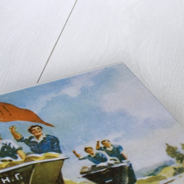 A happy New Year card. Volunteer quarry workers in Bulgaria, engaged in the post-war reconstruction and recovery effort under Communism, saluting the new year with red flag. Post World War II. by Anonymous