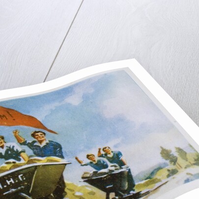 A happy New Year card. Volunteer quarry workers in Bulgaria, engaged in the post-war reconstruction and recovery effort under Communism, saluting the new year with red flag. Post World War II. by Anonymous