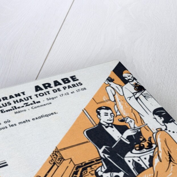 Flyer for the Moroccan restaurant Brahim showing women in inter-war dresses in a room with Middle-Eastern furniture and decor by Anonymous