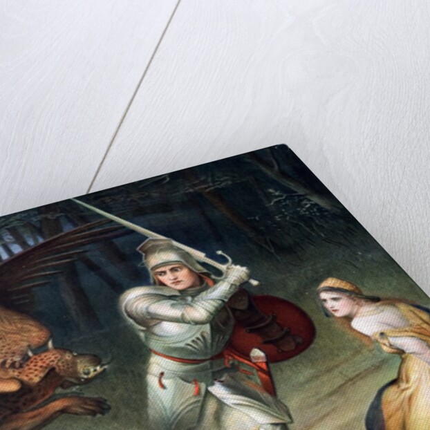 St. George resucing a handcuffed maiden threatened by a dragon. From a painting by Halle, published in Boy's Own Paper c 1905. by Anonymous