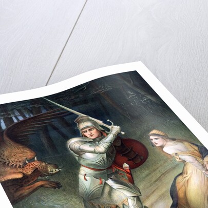 St. George resucing a handcuffed maiden threatened by a dragon. From a painting by Halle, published in Boy's Own Paper c 1905. by Anonymous