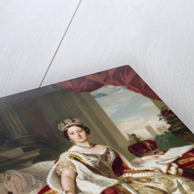 Painting by Winterhalter of Queen Victoria in her state robes. Westminster Abbey and the palace of Westminster can be seen in the background. by Anonymous