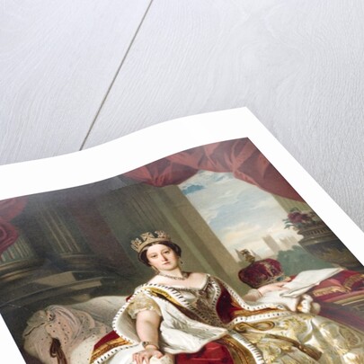 Painting by Winterhalter of Queen Victoria in her state robes. Westminster Abbey and the palace of Westminster can be seen in the background. by Anonymous