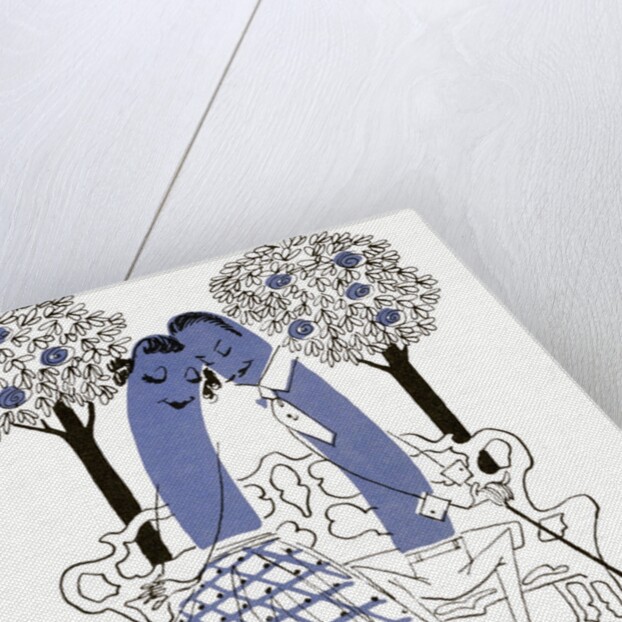 Illustration of romantic hot dog couple sitting on a park bench by Anonymous