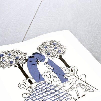 Illustration of romantic hot dog couple sitting on a park bench by Anonymous