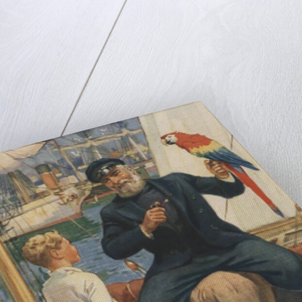 Little boy talking to sailor with parrot by Anonymous