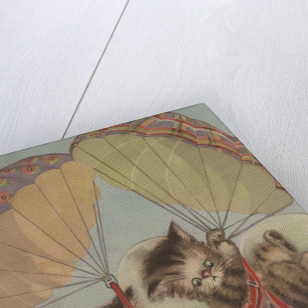 Two kittens floating down in parachutes by Anonymous