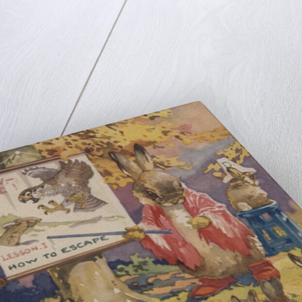 Rabbit teacher instructing young rabbits on how to escape danger by Anonymous