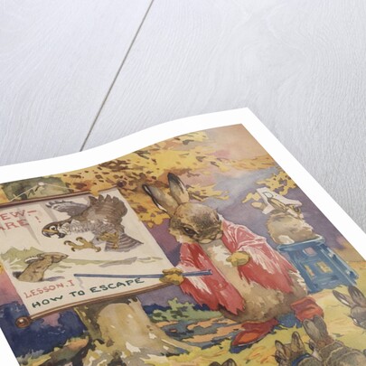 Rabbit teacher instructing young rabbits on how to escape danger by Anonymous