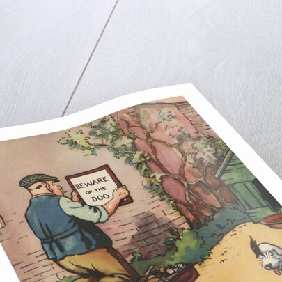 Man putting up "Beware of Dog" sign by Anonymous