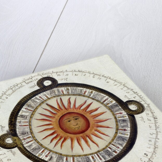 Drawing of the Aztec sun calendar stone in Mexico by Anonymous