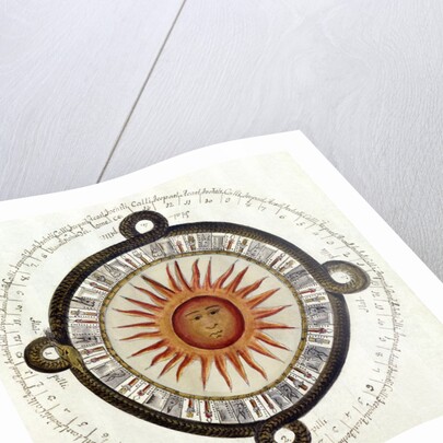 Drawing of the Aztec sun calendar stone in Mexico by Anonymous