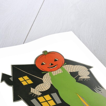 Pumpkin scarecrow and haunted house by Anonymous