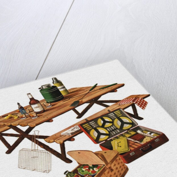 Picnic table with picnic basket and dish set by Anonymous