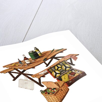 Picnic table with picnic basket and dish set by Anonymous