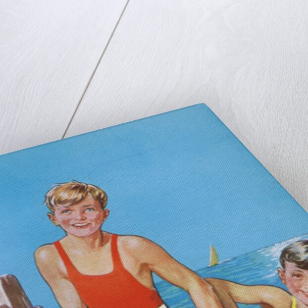 Two young boys playing in wooden boat by Anonymous