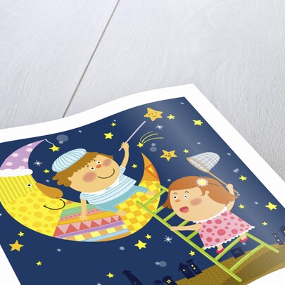 The image of children playing with moon and star by Anonymous