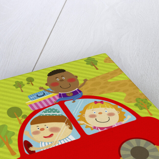 The image of children riding on the red car by Anonymous