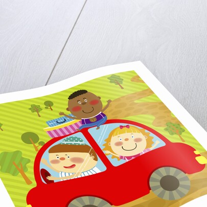 The image of children riding on the red car by Anonymous