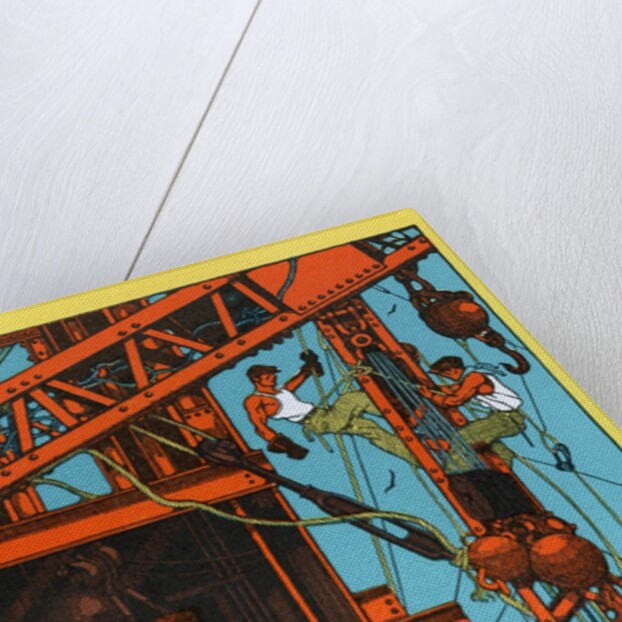 Muscular laborers constructing bridge by Anonymous