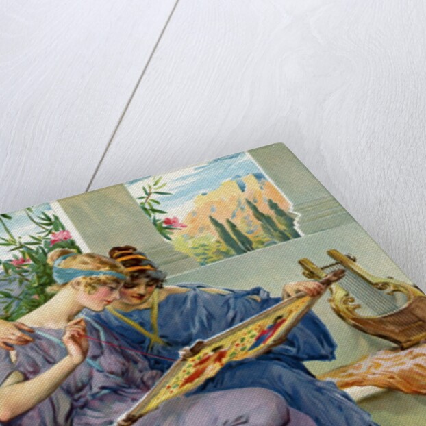 Two Greek beauties sewing on a terrace by Anonymous