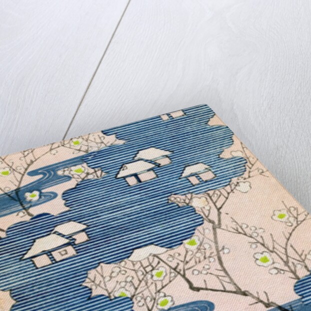 Woodblock print of country cottages with rivers and cherry blossoms by Anonymous