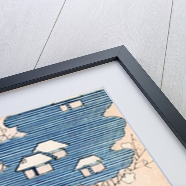 Woodblock print of country cottages with rivers and cherry blossoms by Anonymous