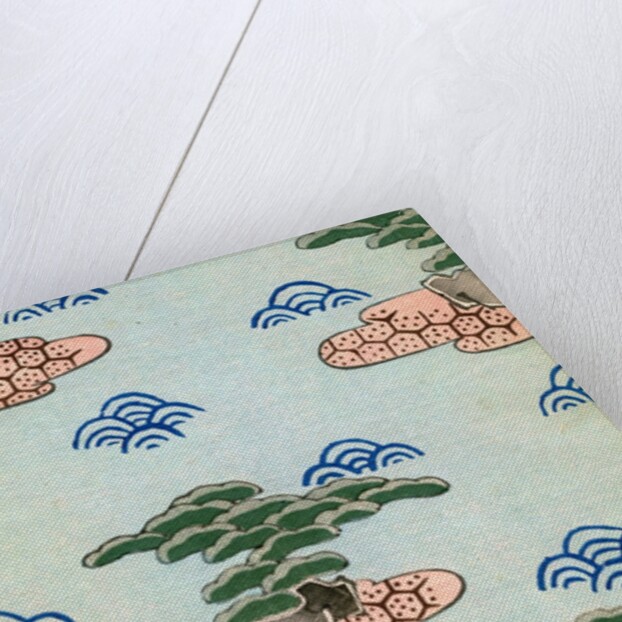 Woodblock print of trees on islands in a lake by Anonymous