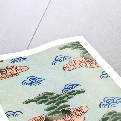 Woodblock print of trees on islands in a lake by Anonymous