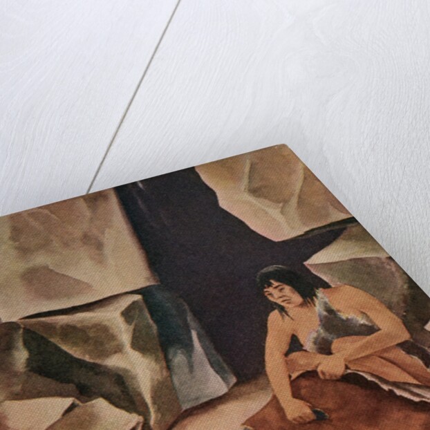Prehistoric caveman scraping hide at his cave by Anonymous