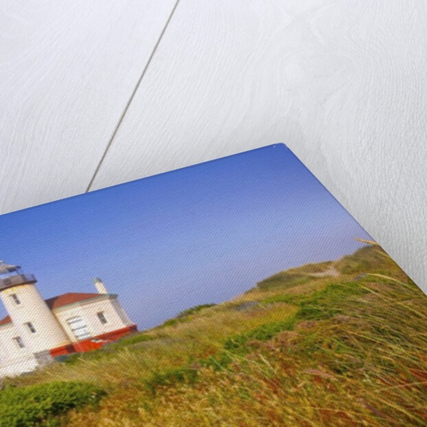 Morning light adds beauty to fog and Coquille River Lighthouse, Bandon, Oregon Coast, Pacific Ocean, by Anonymous