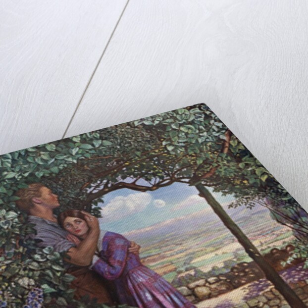 Young man embracing his love in a flower garden by Anonymous