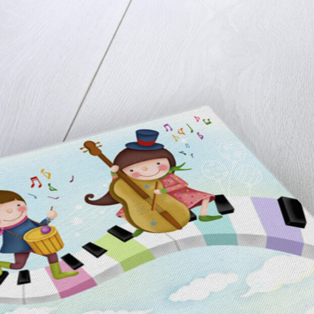 Girl and a boy playing cello and drum by Anonymous